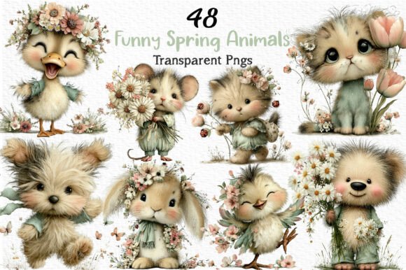 Funny Spring Animals Clipart PNG: A Playful Touch for Creative Spring Designs