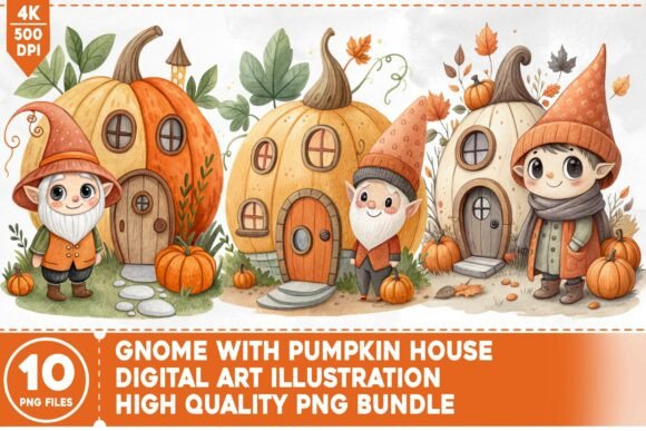 Gnome with Pumpkin House PNG Bundle: Creative Commercial Design Possibilities