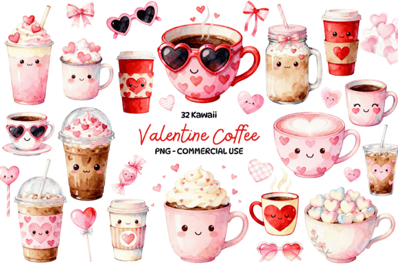 Valentine Coffee Clipart Bundle Kawaii for Creatives