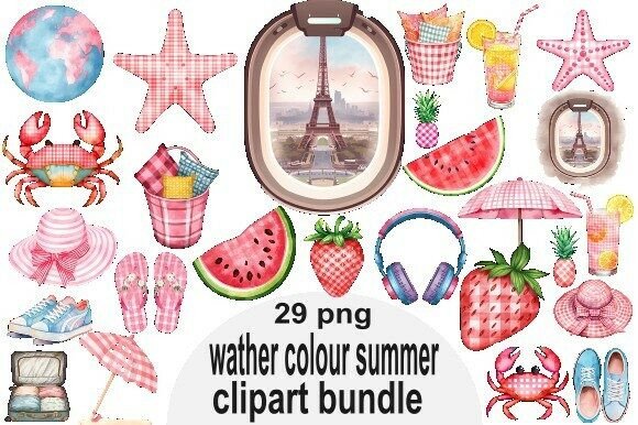 Watercolor Summer Pink Clipart Bundle for Aesthetic Design Projects