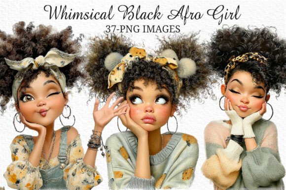 Whimsical Black Afro Girl Clipart PNG
