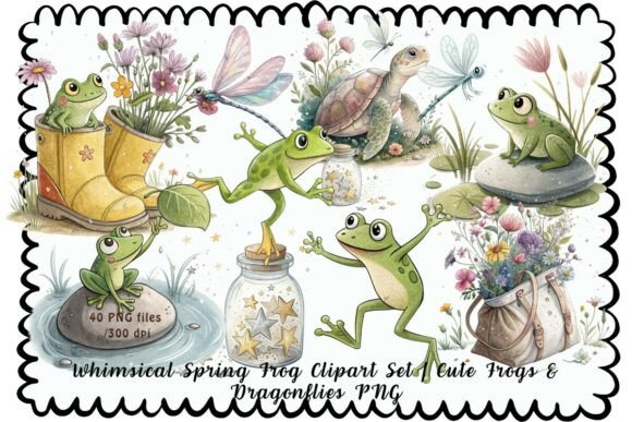 Whimsical Spring Frog Clipart Set